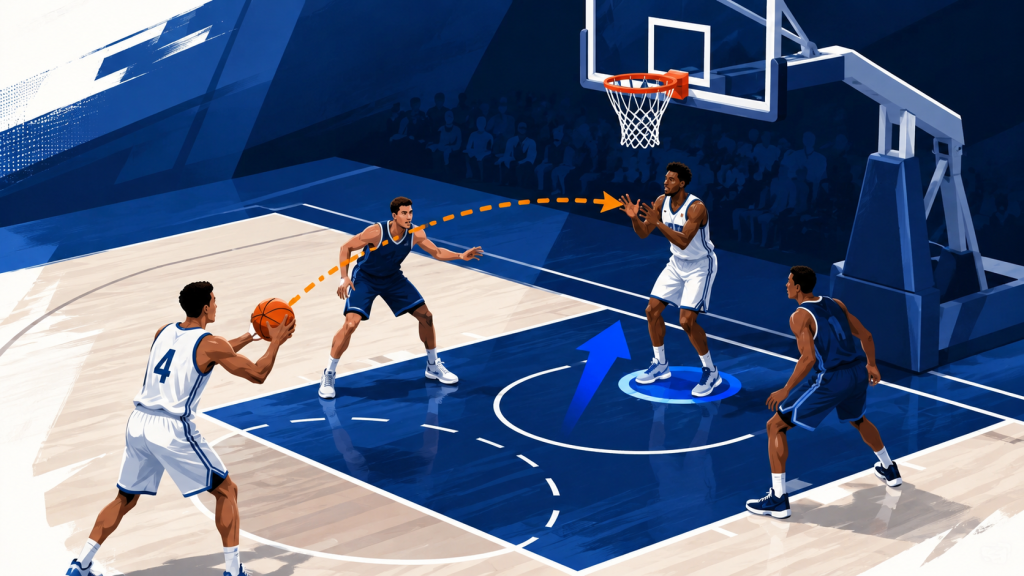 Jugador cerca del aro cuando espera un pase corto en baloncesto